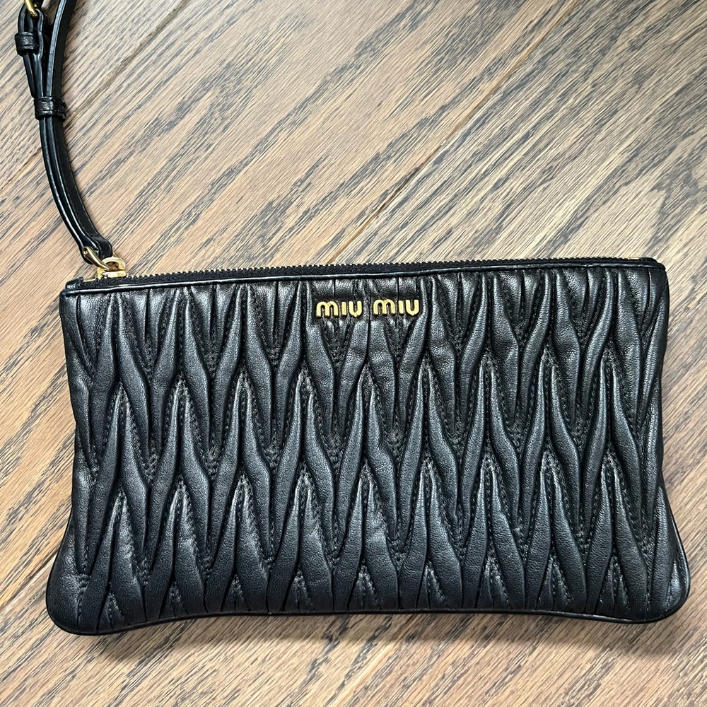 Miu Miu Black Quilted Leather Wristlet Clutch with Gold Logo